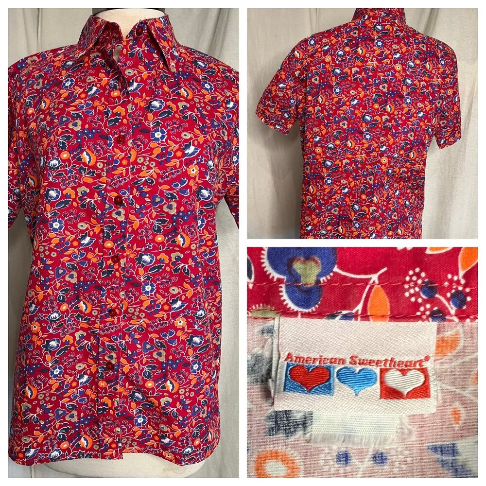 American sweetheart blouse M multi color floral short sleeve button up collar